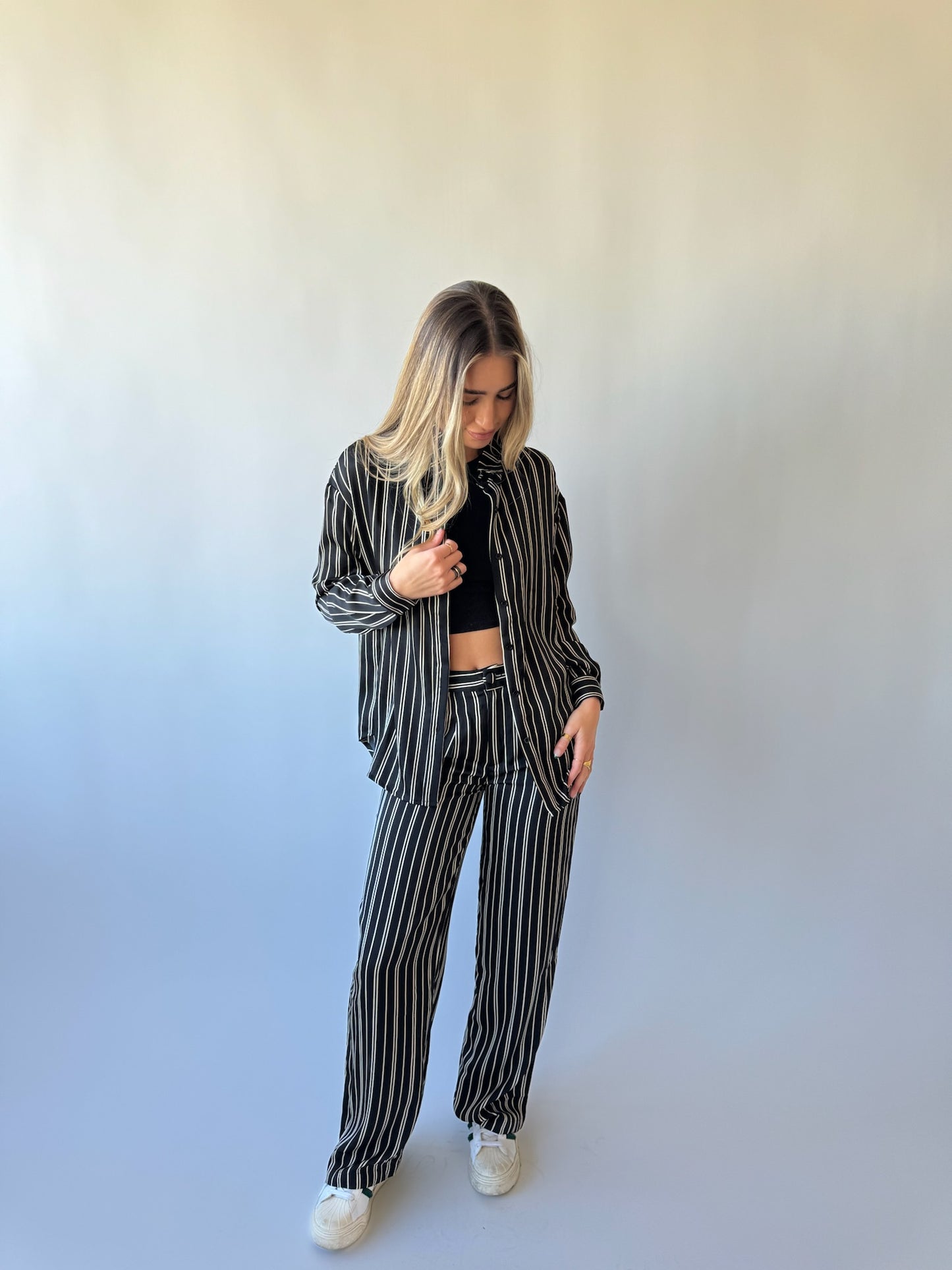 Black Satin Pinstripe Set